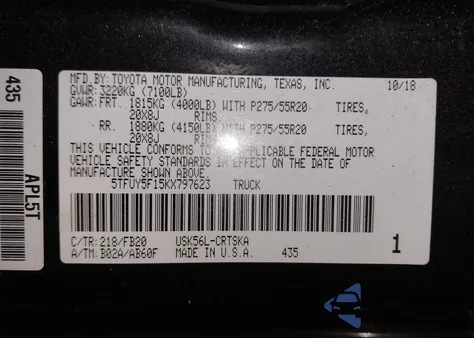 2019 Toyota Tundra Sr5 5.7L V8 from USA, damaged, VIN 5TFUY5F15KX797623